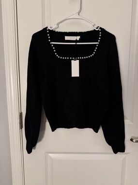 ASTR Black Crewneck Sweater with Pearl Trim